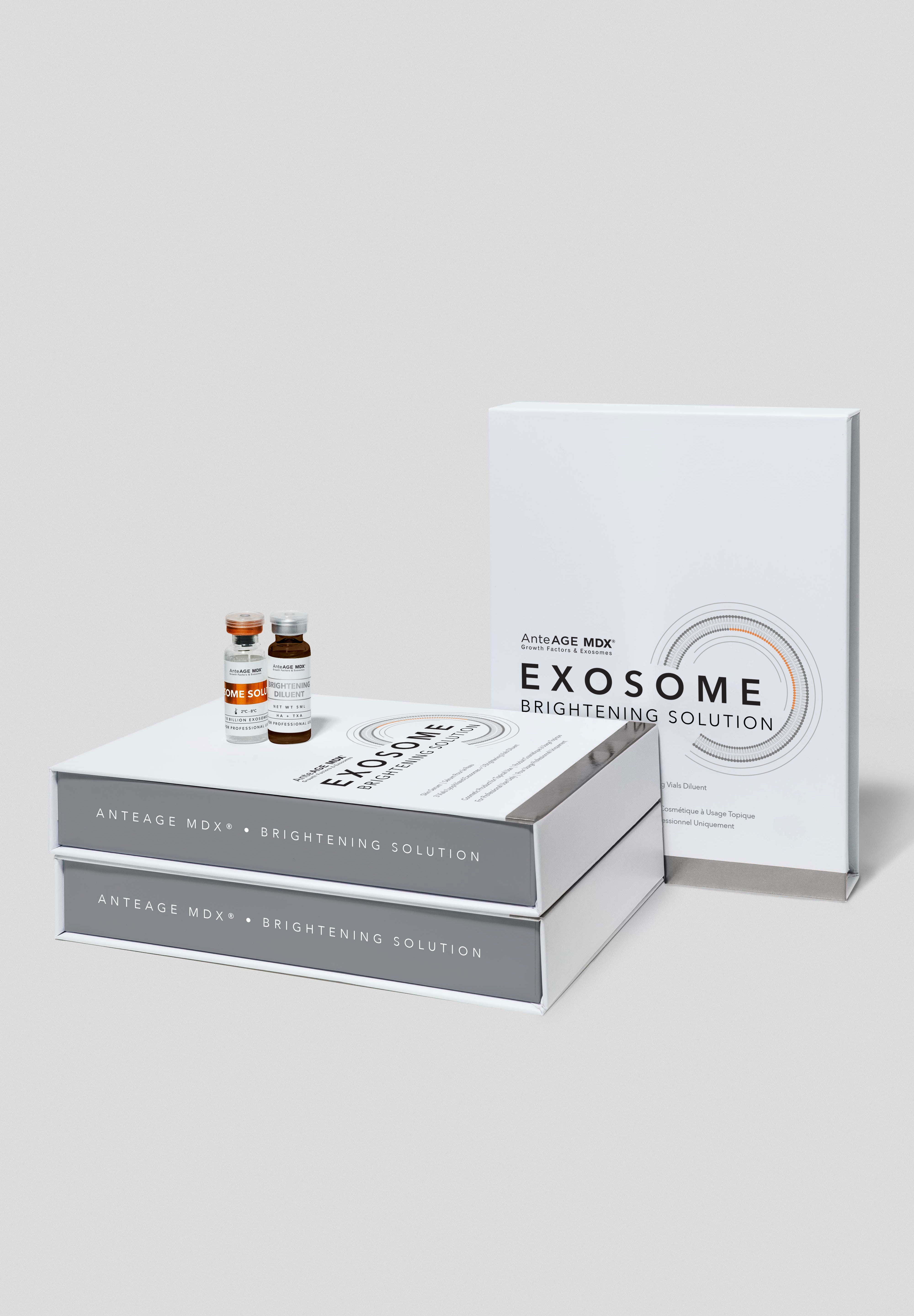 Exosome Brightening Solution packaging on a light gray background
