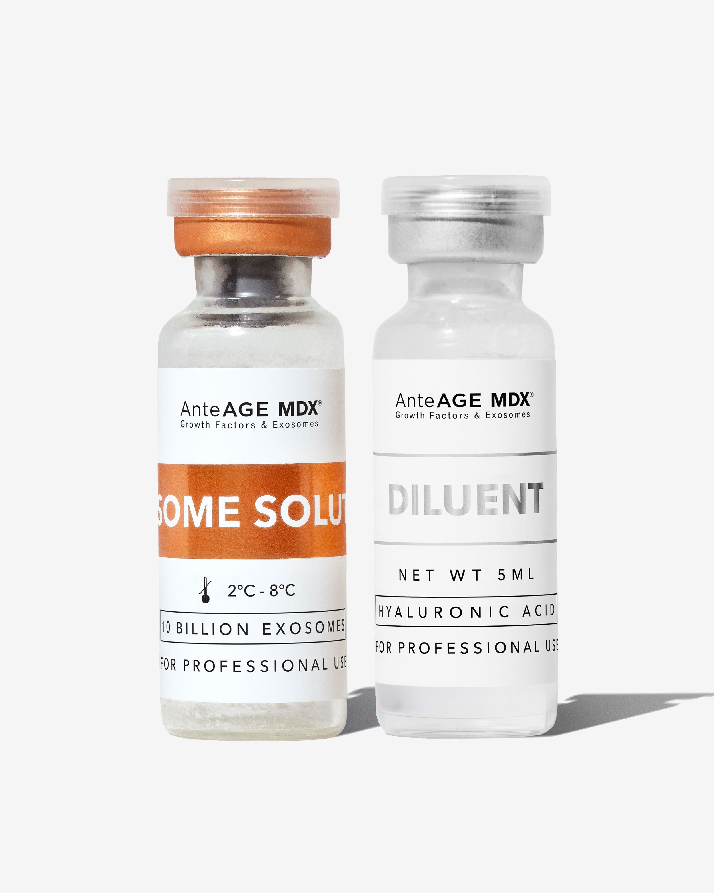 Two AnteAGE MDX skincare vials labeled 'Some Solution' and 'Diluent' on a white background.