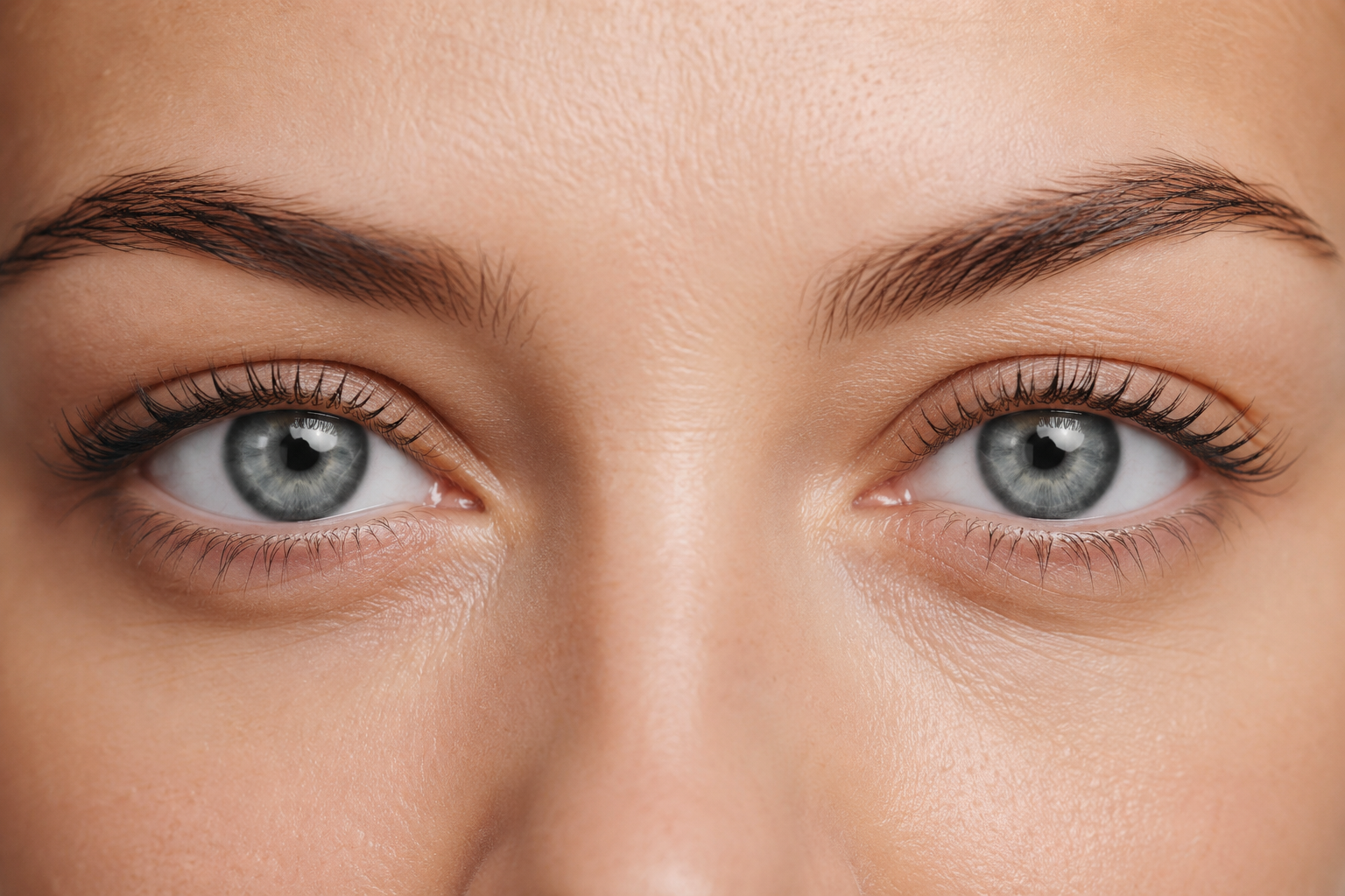 Close-up of a woman's eyes with blue irises and light brown skin.