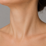Close-up of a person's neck and shoulders with a neutral background