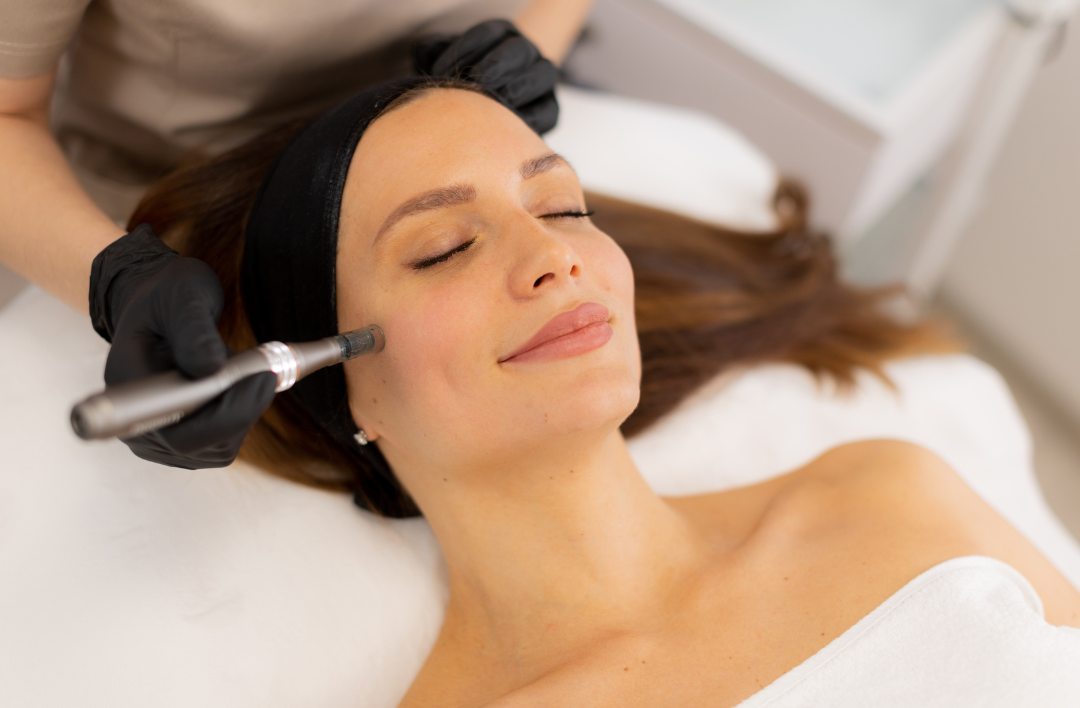 A woman with closed eyes lies on a treatment bed while a spa professional in black gloves applies a cosmetic product to her cheek with a small handheld applicator. She wears a black headband and a white towel is draped over her shoulder in a bright, clean beauty setting.